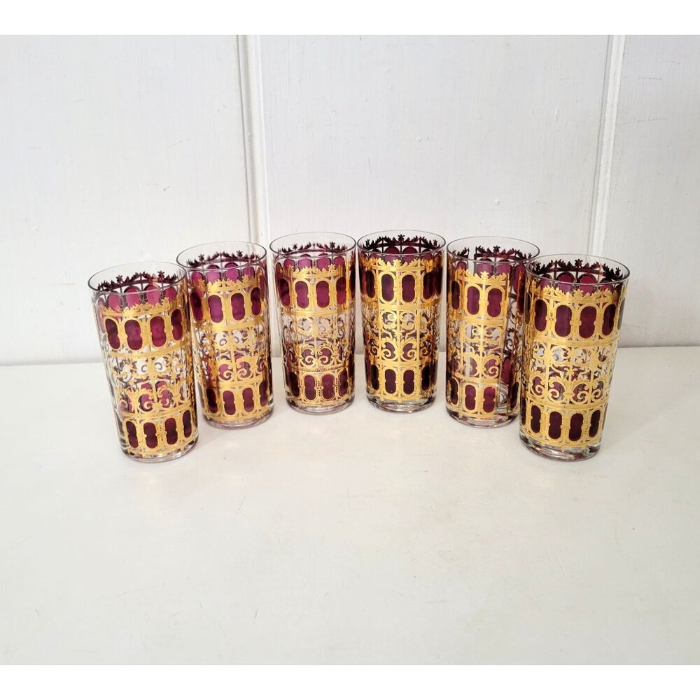 Culver MCM Azure Gold and Cranberry Collins Glasses Set of Six Plus Extra - Picture 2 of 10